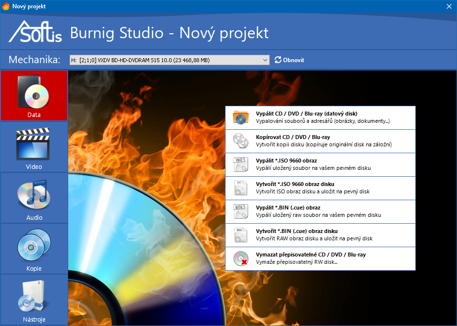 Asoftis Burning Studio: stačí jen vybrat vypalovací projekt a médium