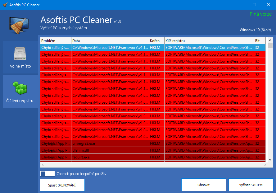 Asoftis PC Cleaner &ndash; karta Čištění registru s nalezenými neplatnými položkami