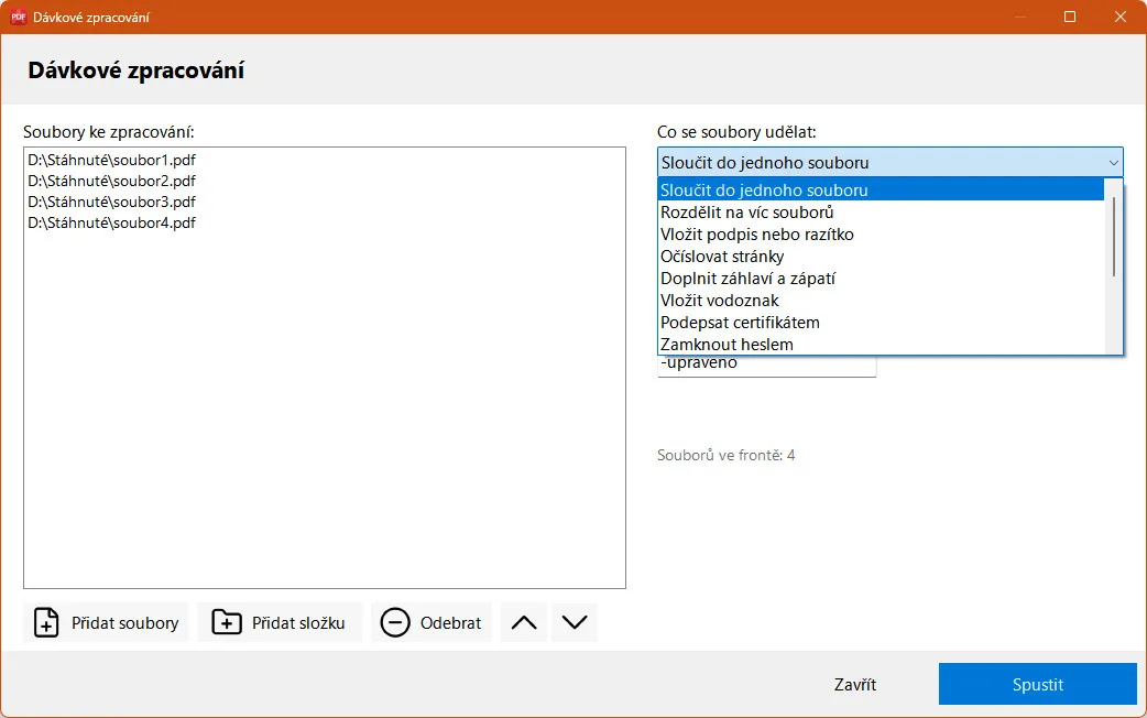 Asoftis PDF Editor &ndash; dávkové zpracování složky se seznamem souborů a nabídkou operací