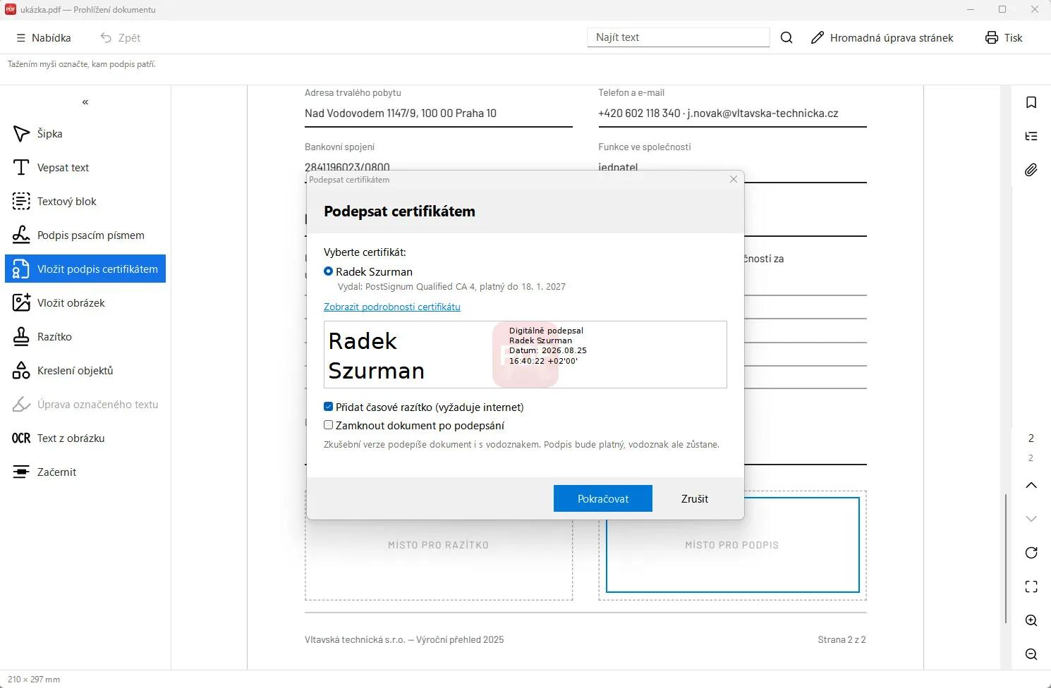 Asoftis PDF Editor &ndash; podpis dokumentu certifikátem s náhledem podpisového bloku
