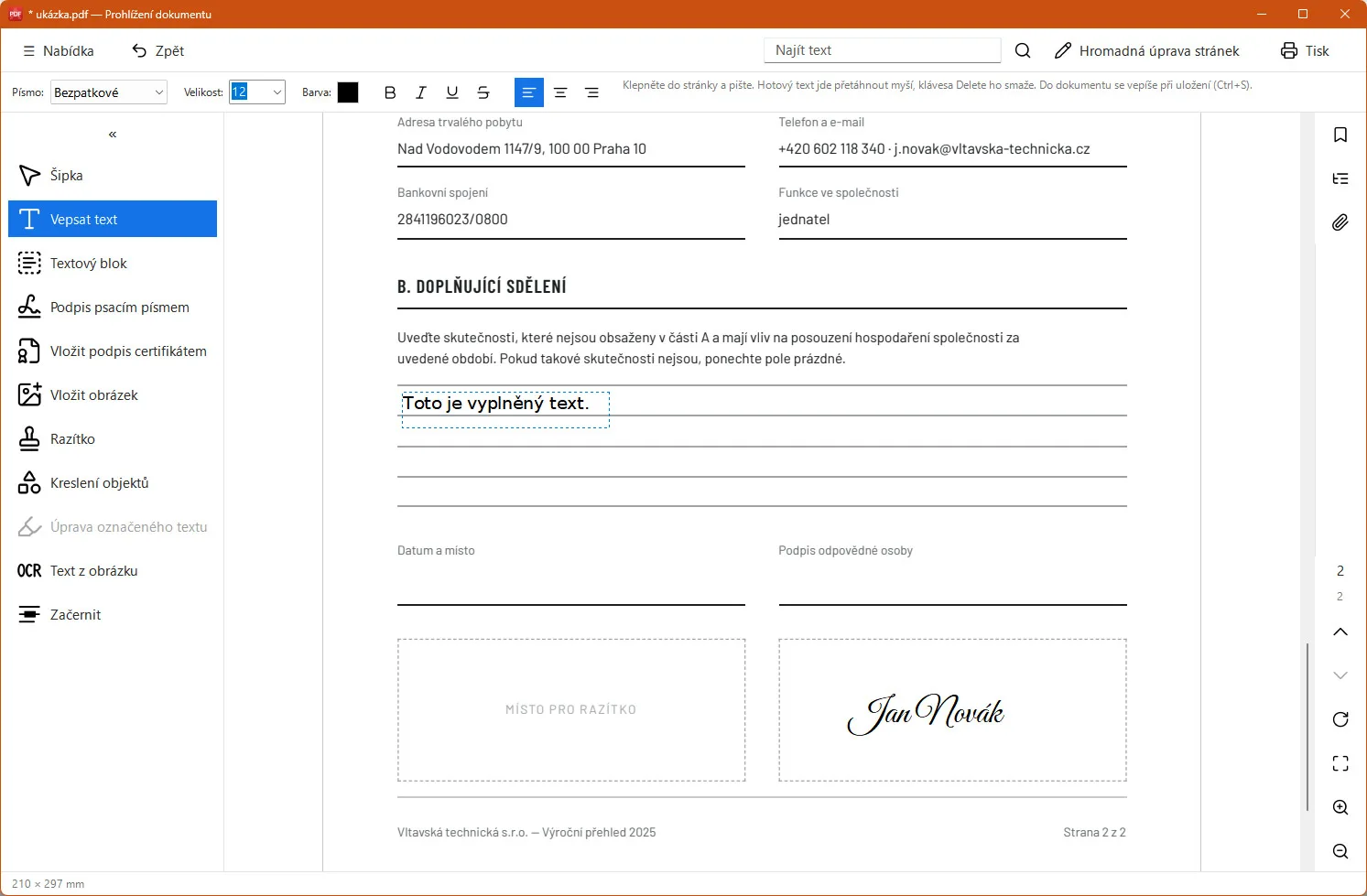 Asoftis PDF Editor &ndash; psaní textu do formuláře, který vyplnitelná pole nemá