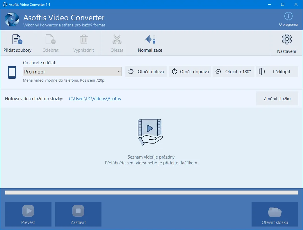 Asoftis Video Converter &ndash; hlavní okno s předvolbami převodu